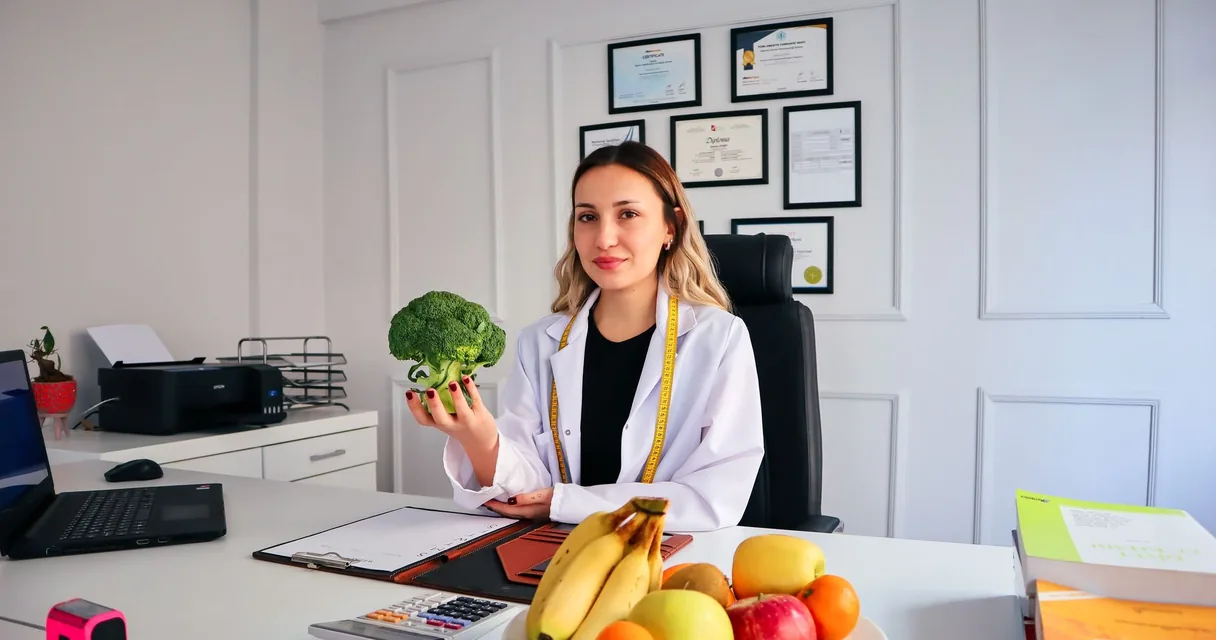 Nutricionista de jaleco branco segurando brócolis no consultório, com frutas sobre a mesa