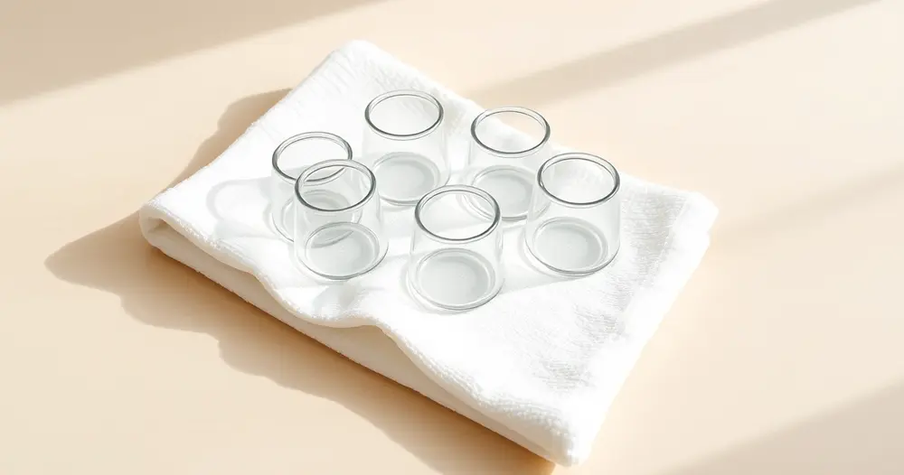 conjunto de ventosas de vidro sobre toalha branca em mesa de madeira clara