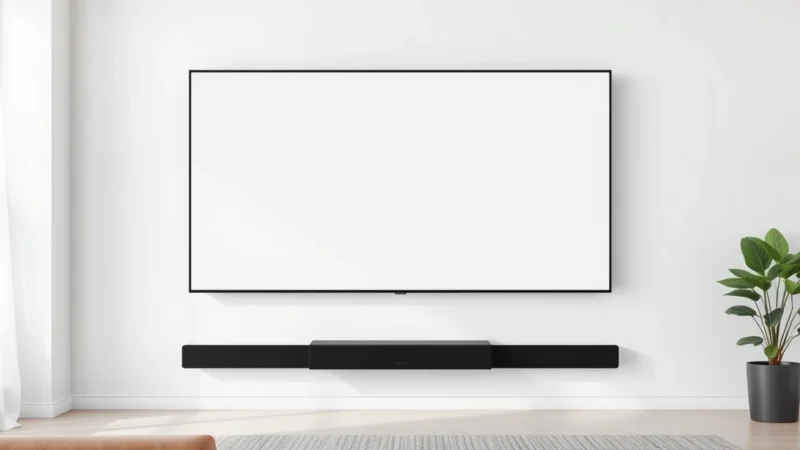 smart tv lg instalada na parede da sala com barra de som