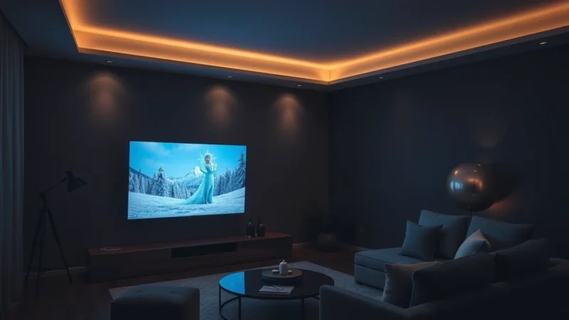 sala escura com televisão exibindo imagem congelada